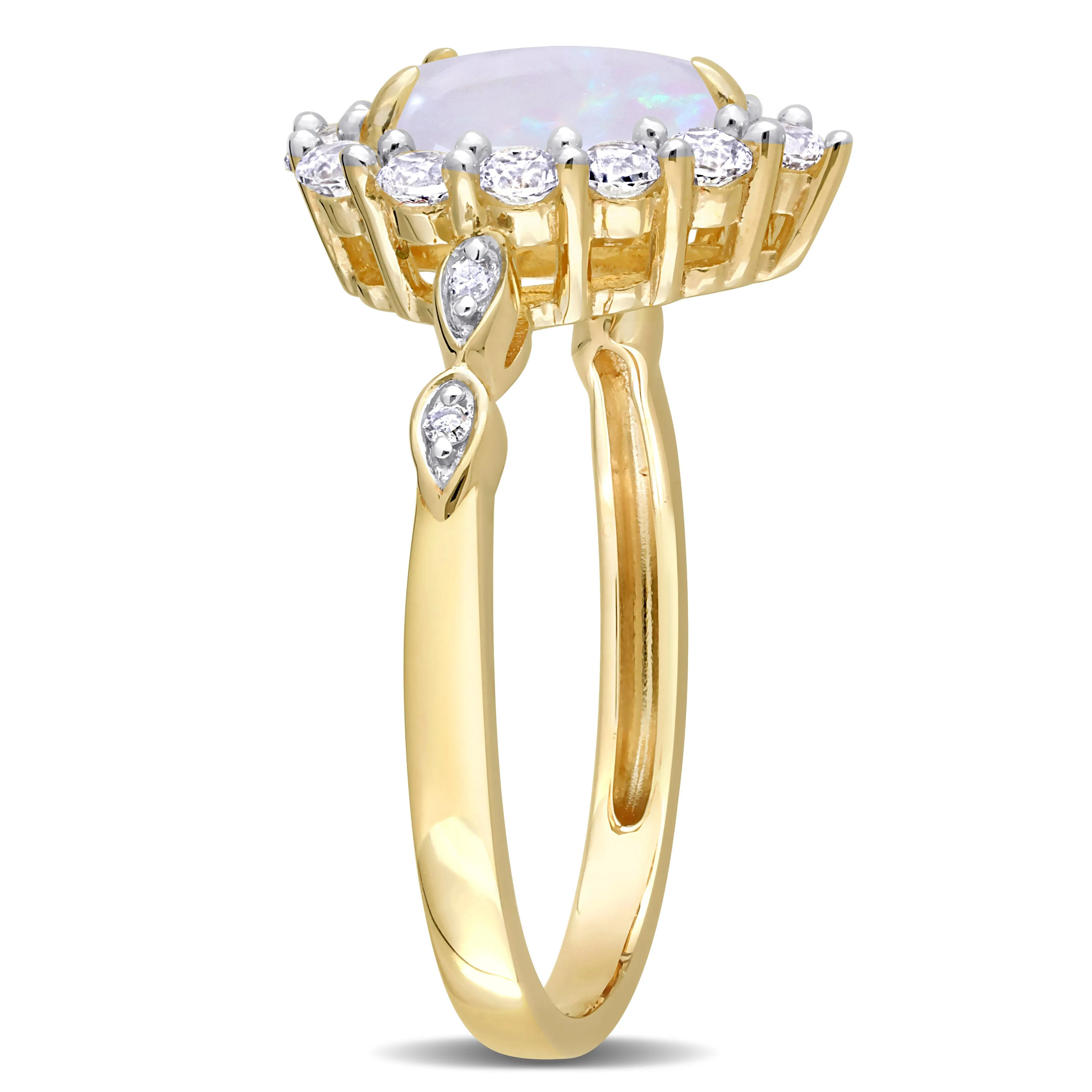 1 1/2 CT TGW Pear Shape Opal and Created White Sapphire and Diamond Accent Halo Ring in 10K Yellow Gold