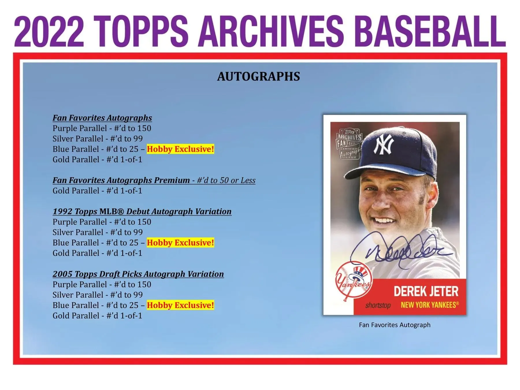 2022 Topps Archives Baseball Hobby Box 24 Packs Per Box, 8 Cards Per Pack