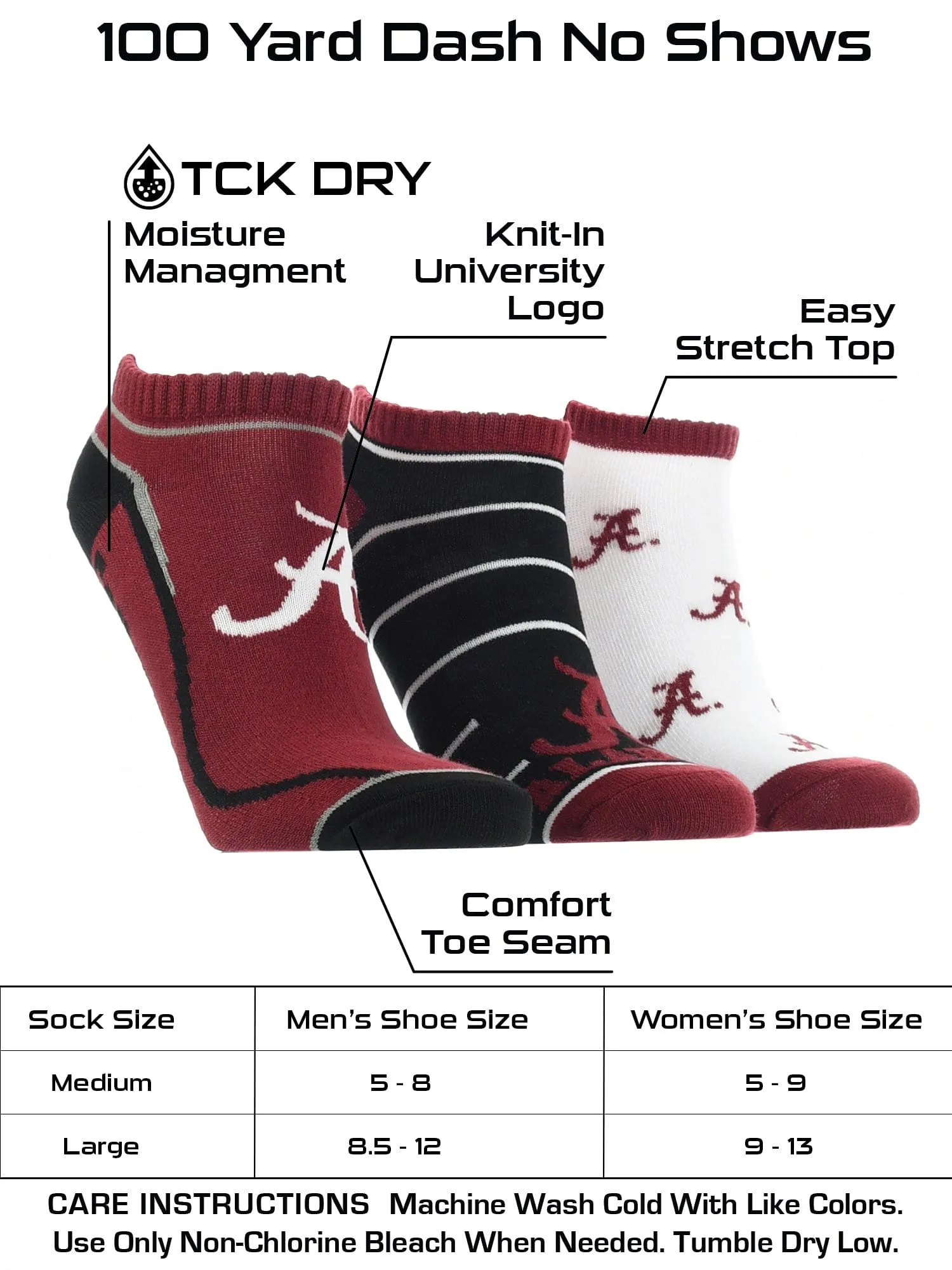 Alabama Crimson Tide No Show Socks Full Field 3 Pack