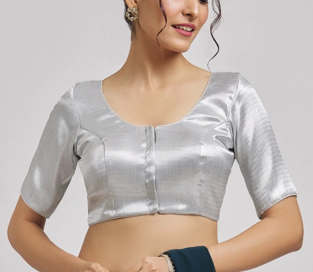 Alluring Silver Color Dupion Silk Designer Blouse For Women