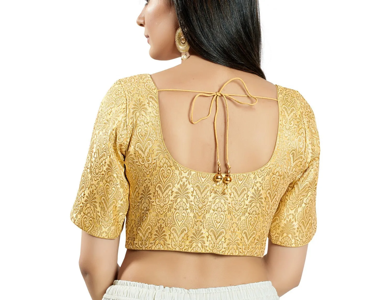 Attractive Light Gold Colored Brocade Elbow Sleeves Readymade Blouse For Women