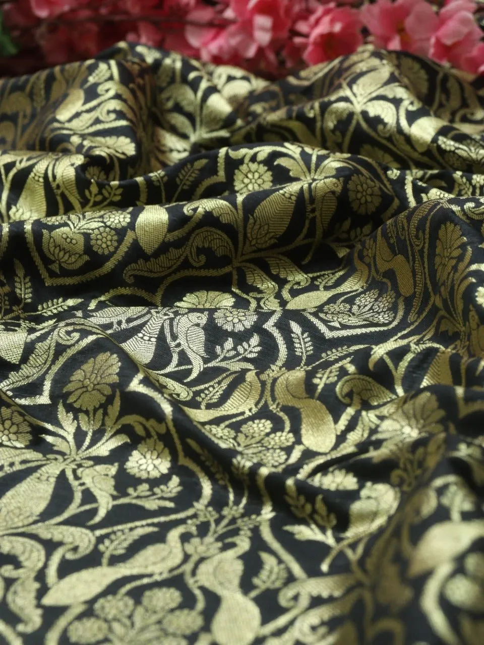 Black Banarasi Silk Bird Design Fabric (1Mtr)