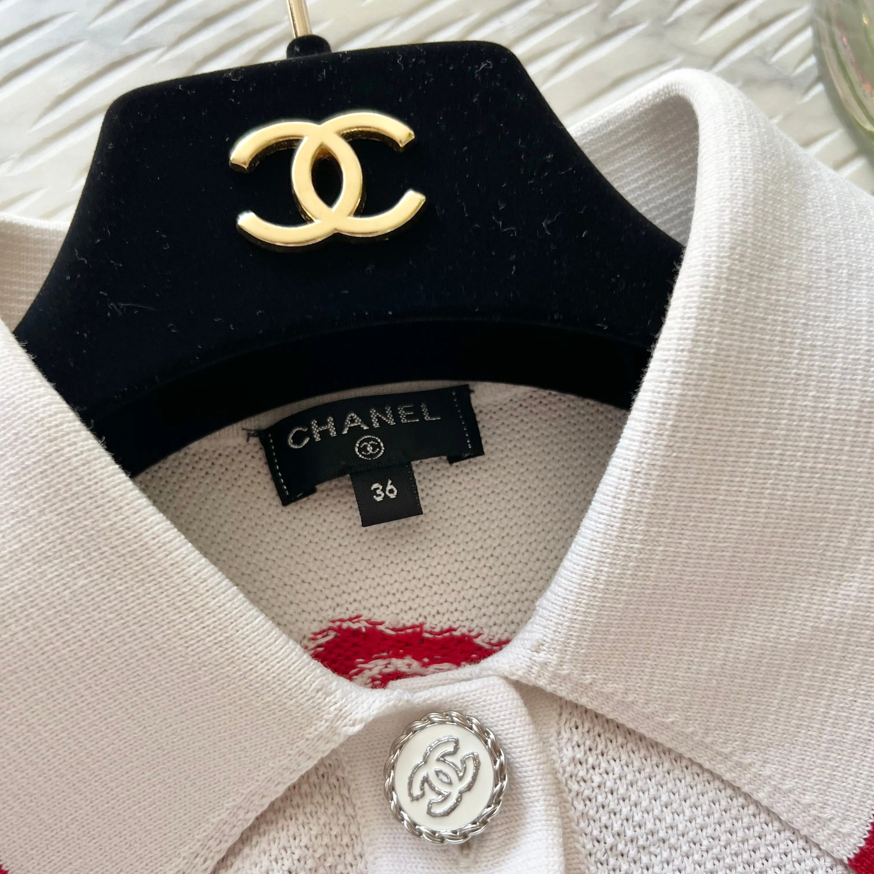 Chanel White/Red Trim 'CHANEL' Sleeveless Polo Top