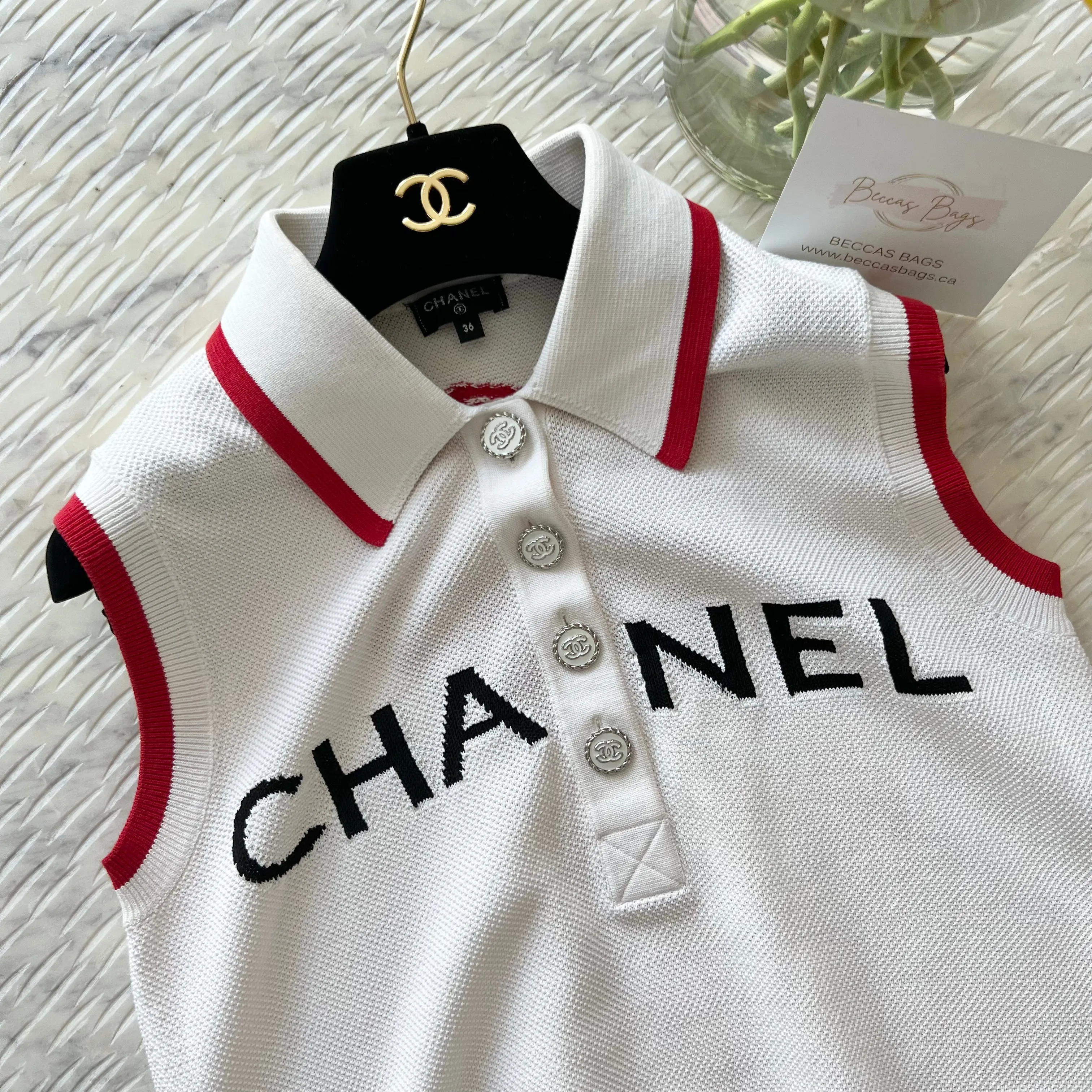 Chanel White/Red Trim 'CHANEL' Sleeveless Polo Top