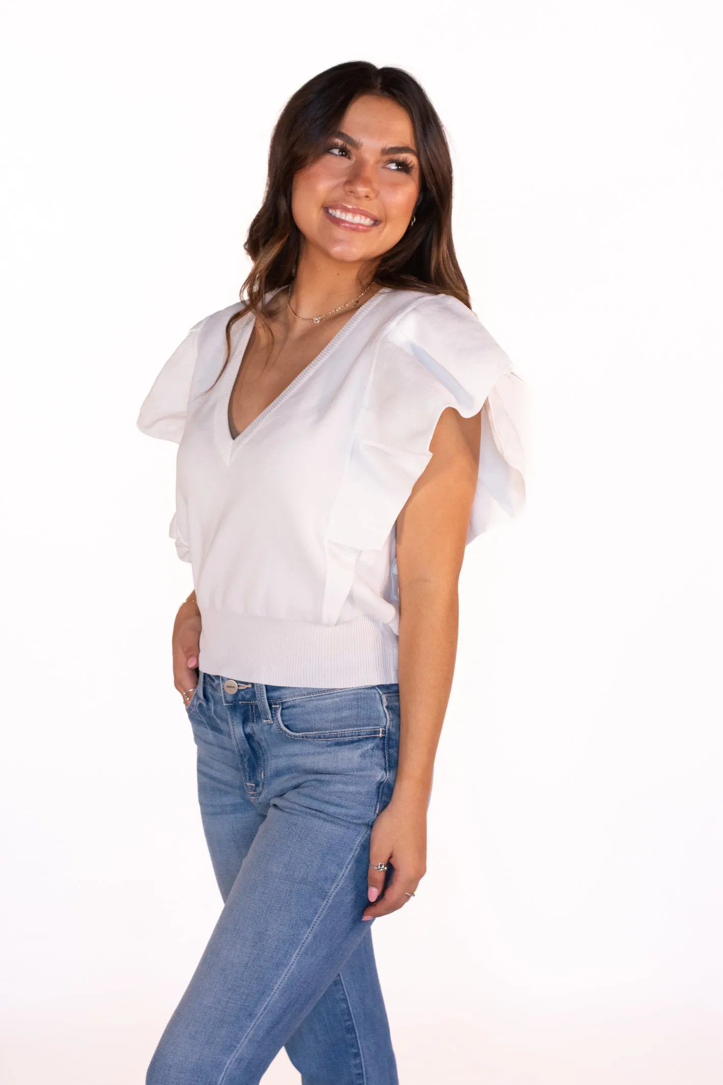 Confident Poise White Ruffle Sleeve Top