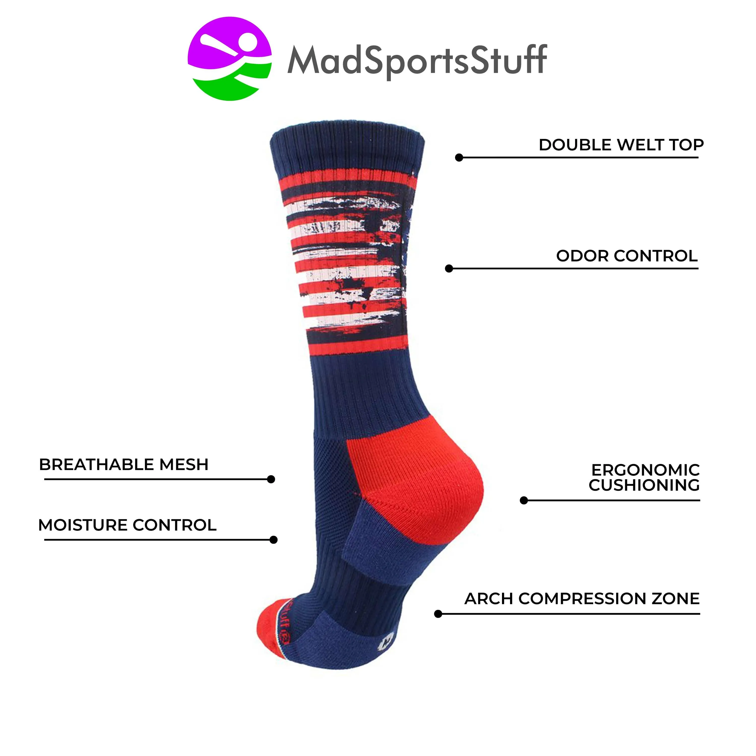 Distressed USA Flag Patriotic Athletic Crew Socks