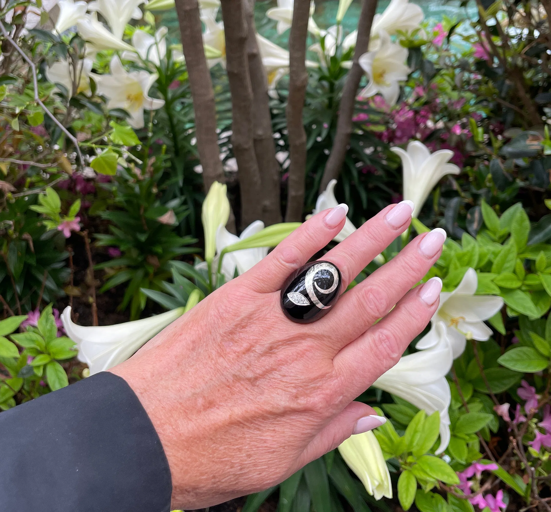 Estate Alessadro Fanfani 18 Karat White Gold and Black Enamel Diamond Ring