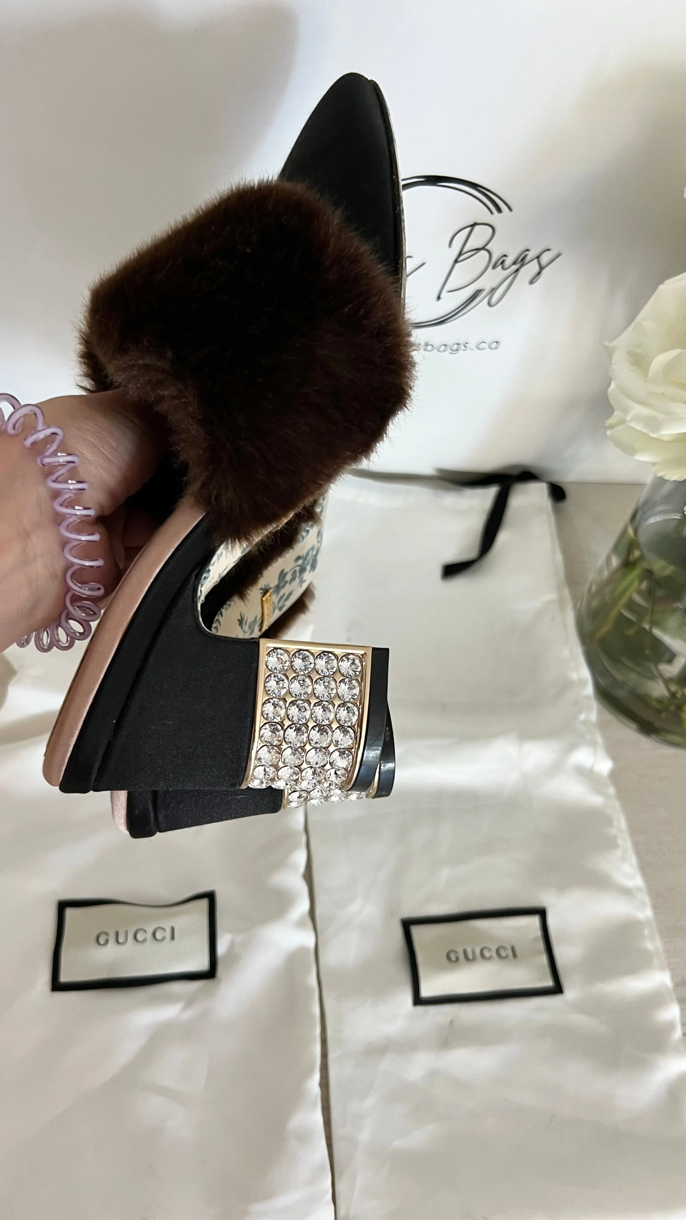 Gucci Faux Fur Crystal Candy Mules