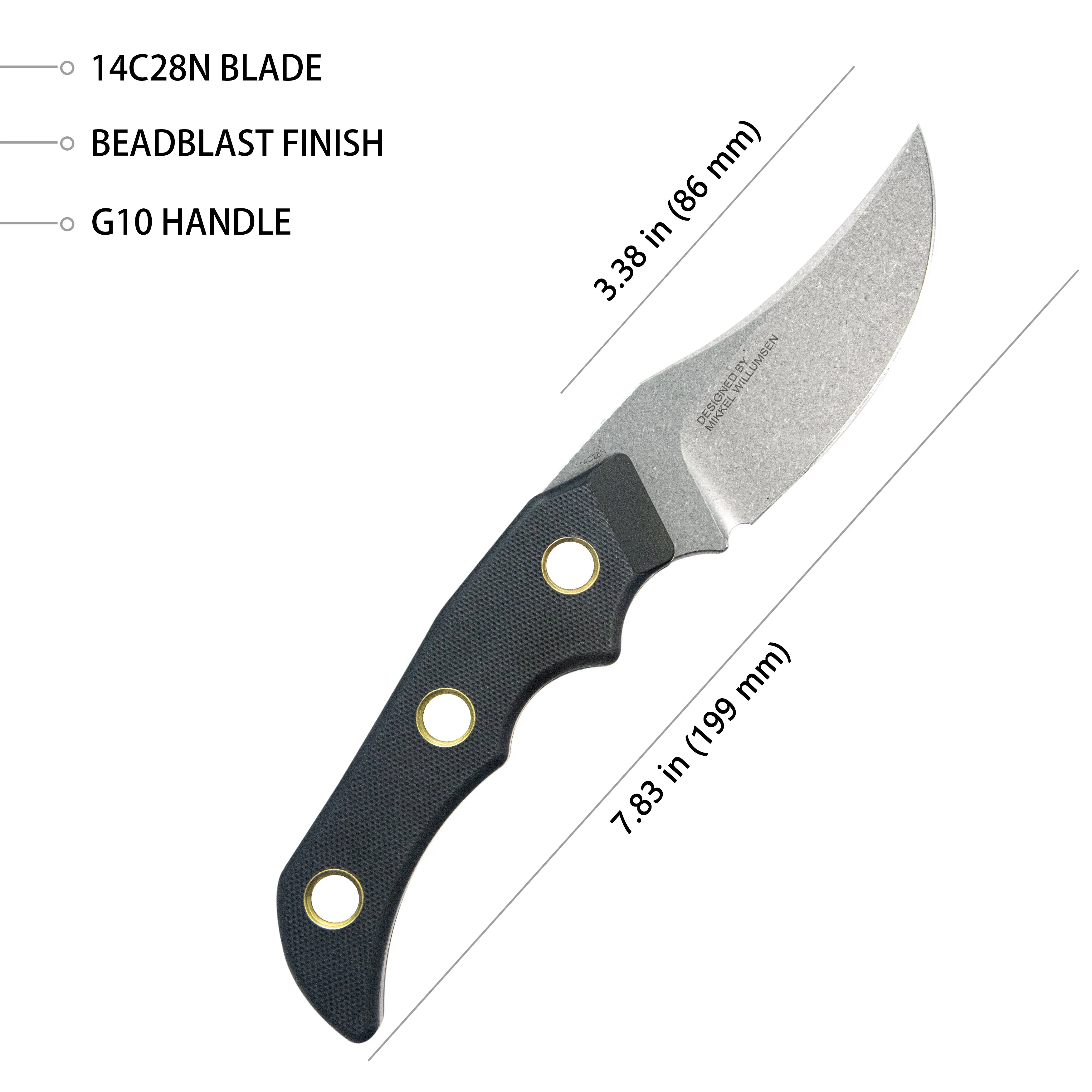 Mikkel Willumsen Design Blade Hunter Clip Point Fixed Blade Knife Black G10 Handle 3.38 Beadblast 14C28N KU375A