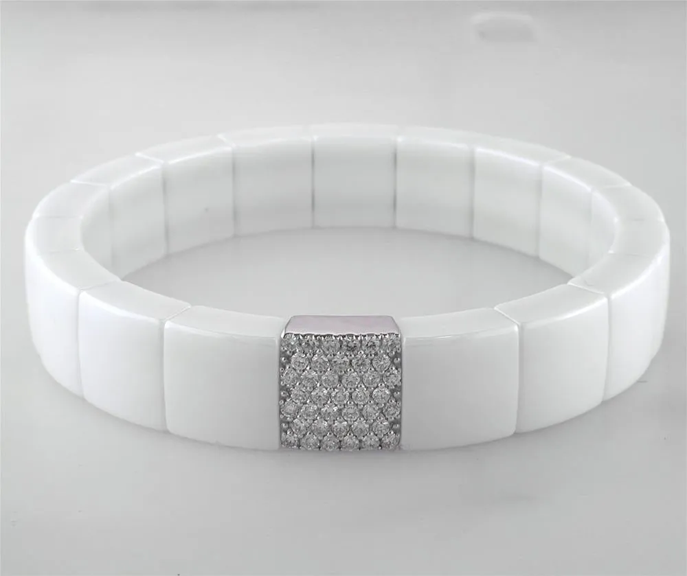 Roberto Demeglio Domino White Ceramic Single Row 11mm Wide Bracelet with Diamonds