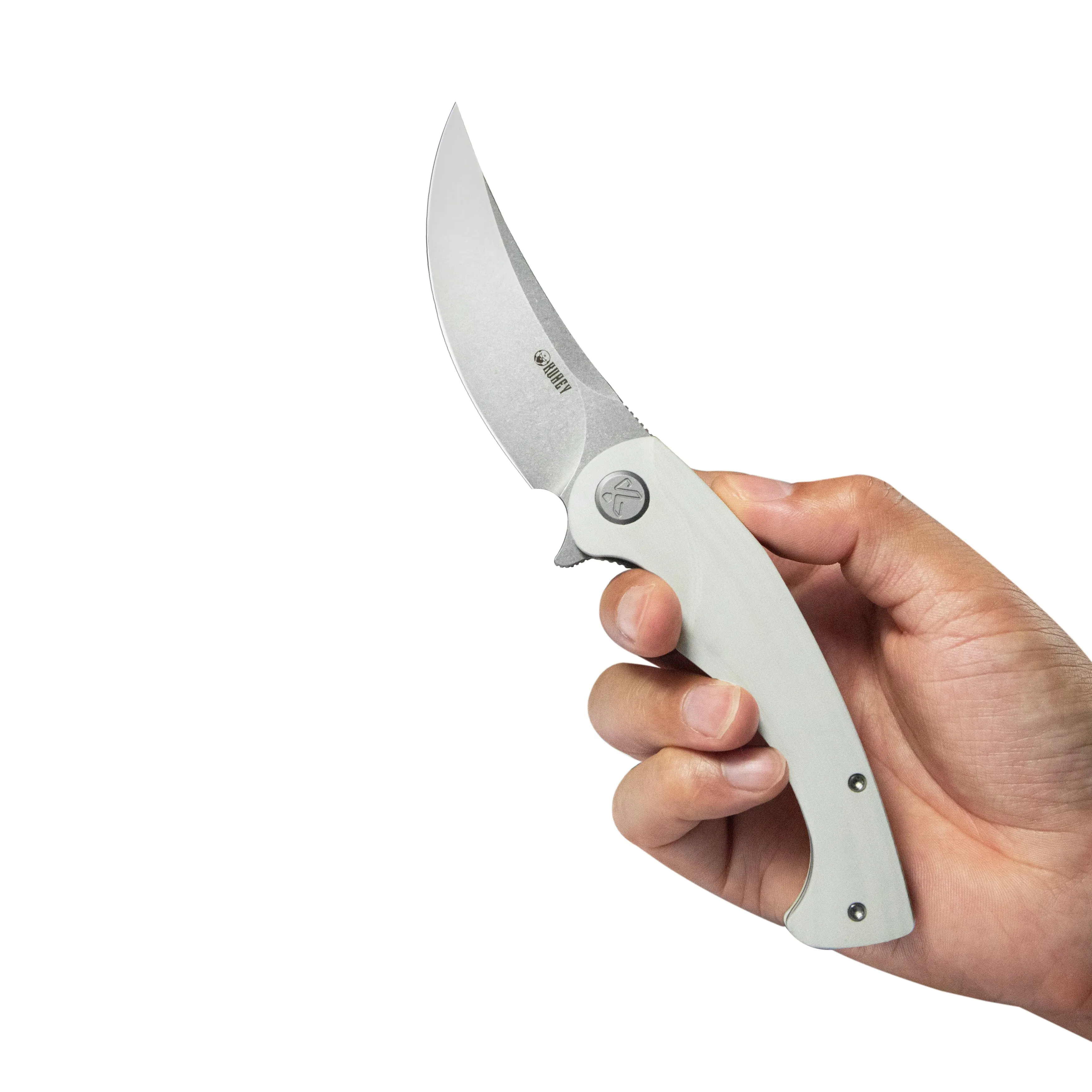 Scimitar Liner Lock Folding Knife White G10 Handle 3.46 Bead Blast 14C28N KU173I