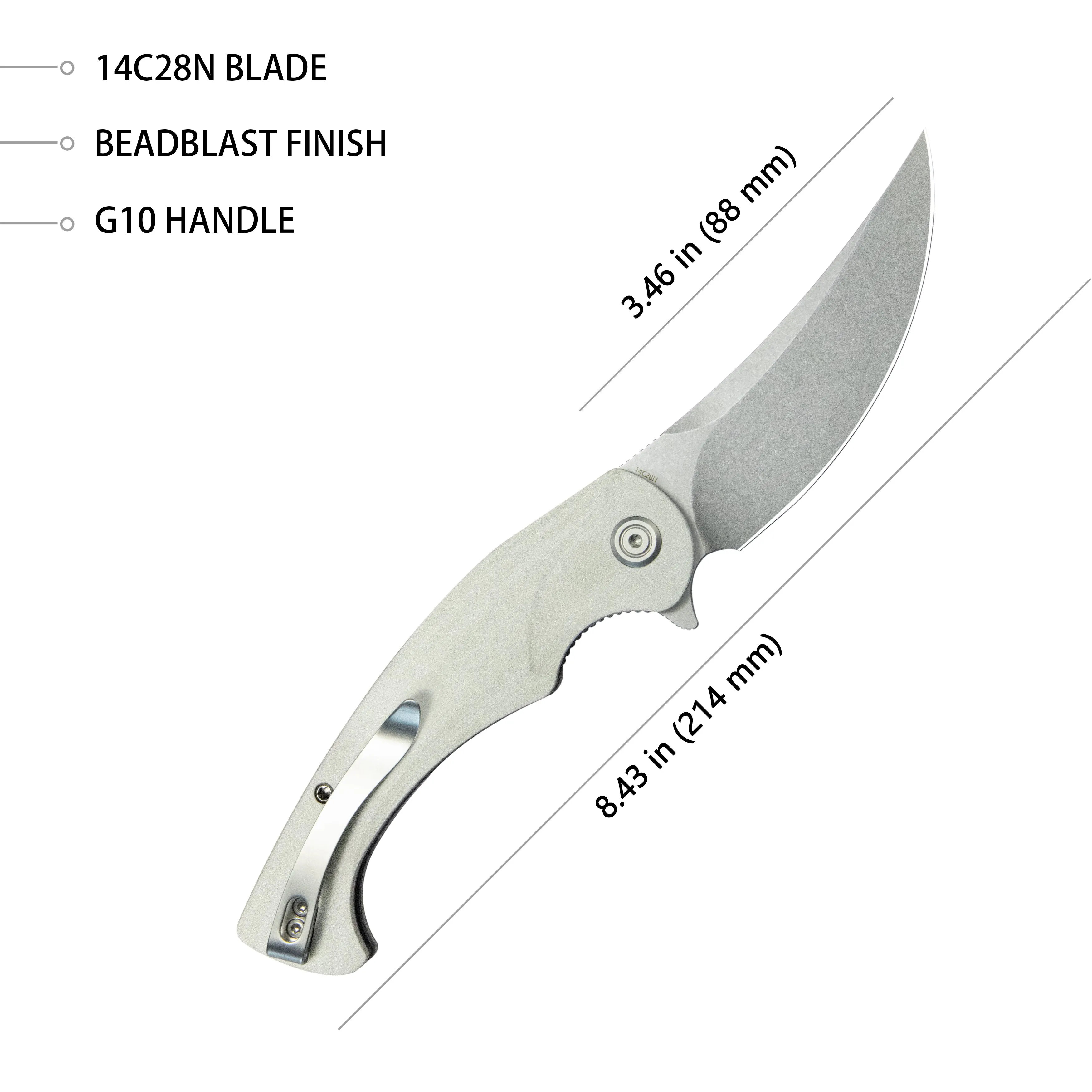 Scimitar Liner Lock Folding Knife White G10 Handle 3.46 Bead Blast 14C28N KU173I