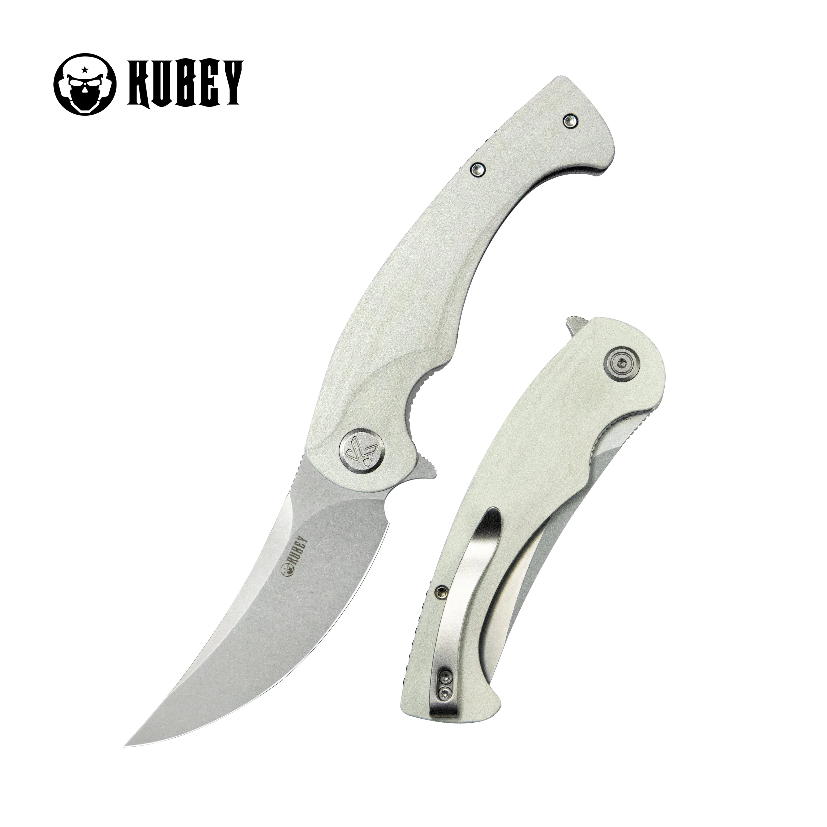 Scimitar Liner Lock Folding Knife White G10 Handle 3.46 Bead Blast 14C28N KU173I