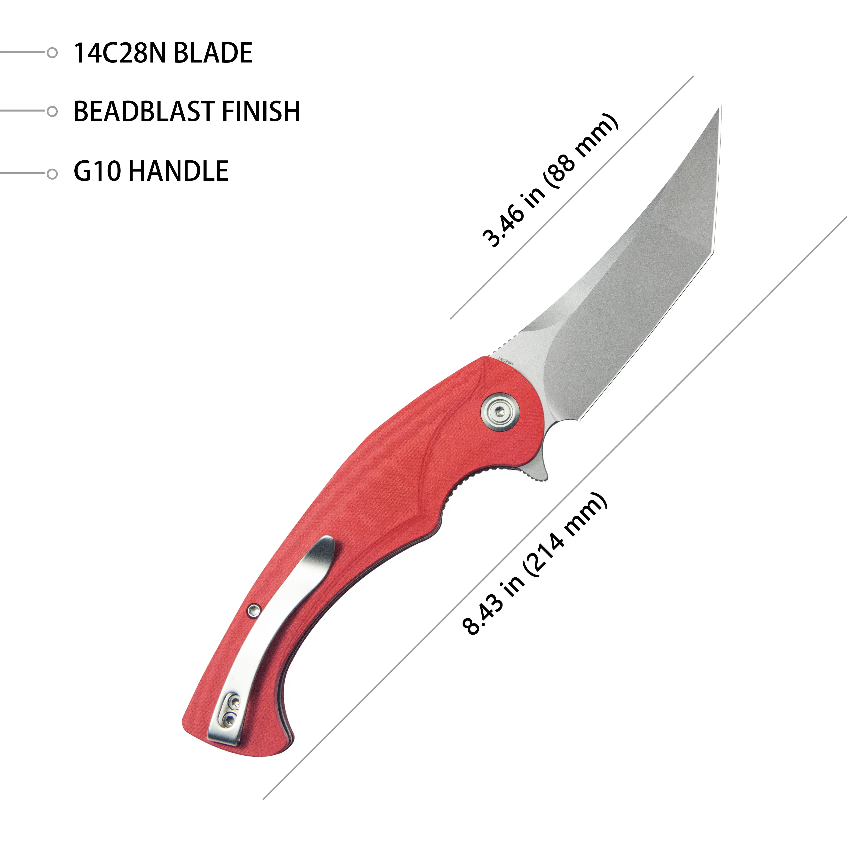 Scimitar Tanto Liner Lock Hunting Folding Knife Red G10 Handle 3.46 Beadblast 14C28N KU175E