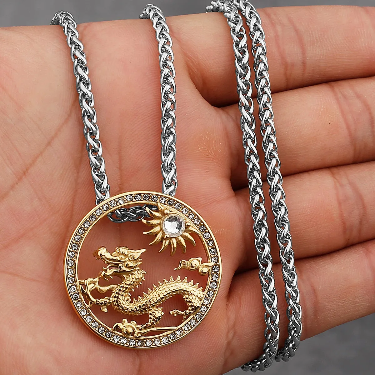 Stainless Steel Round Dragon Sun Medallion CZ Pendant Necklace