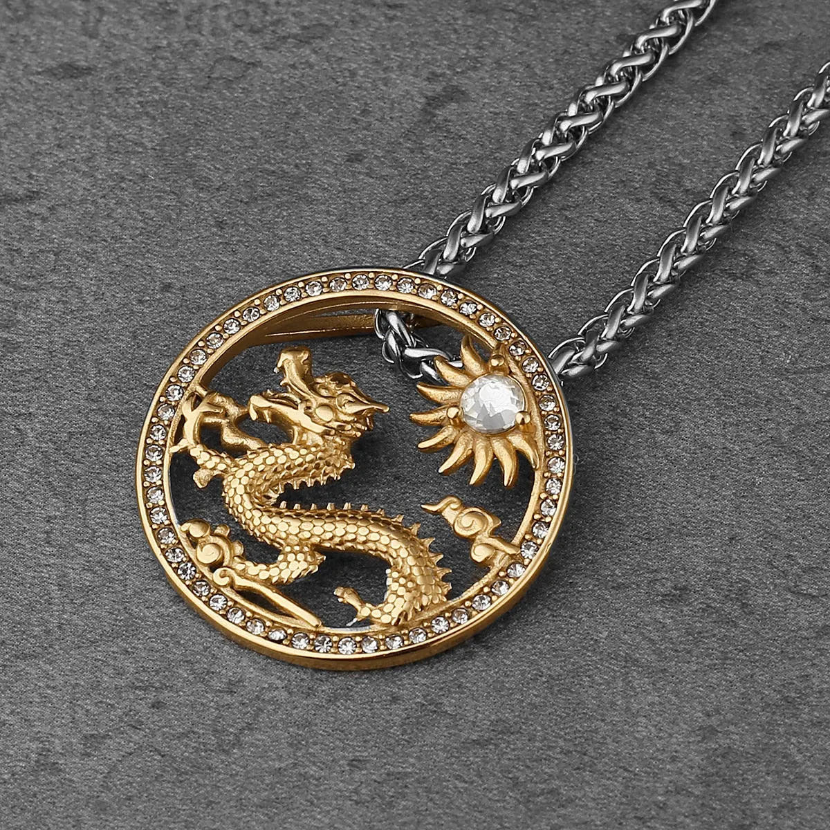 Stainless Steel Round Dragon Sun Medallion CZ Pendant Necklace