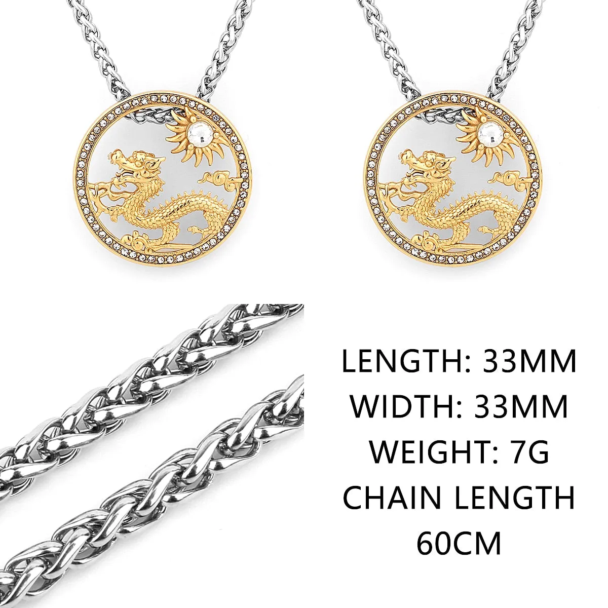 Stainless Steel Round Dragon Sun Medallion CZ Pendant Necklace