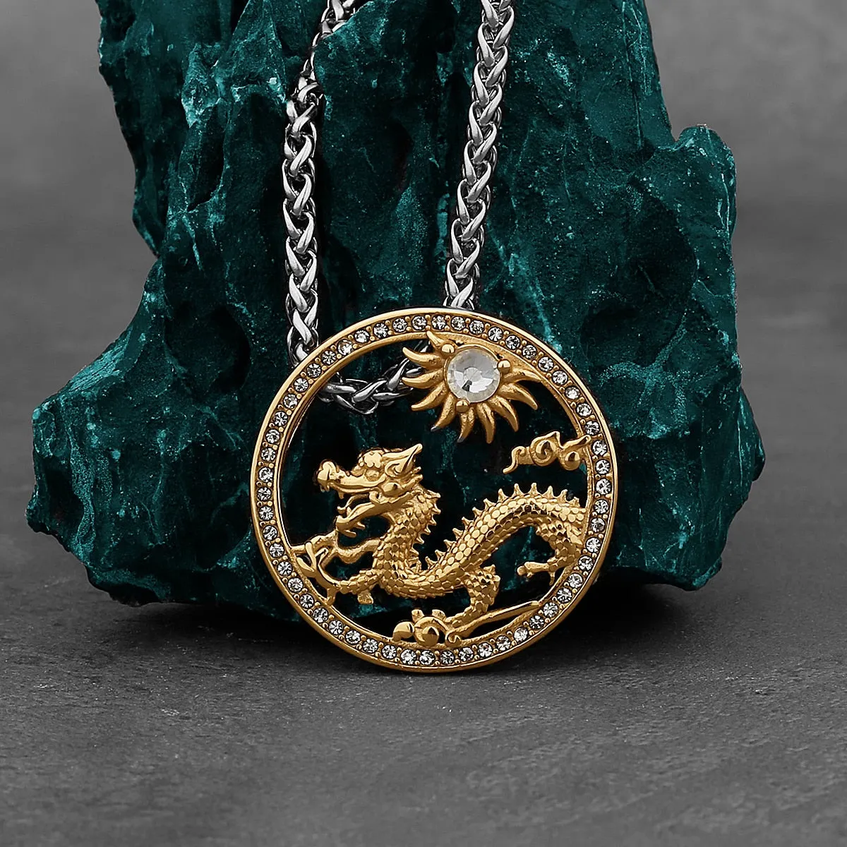 Stainless Steel Round Dragon Sun Medallion CZ Pendant Necklace