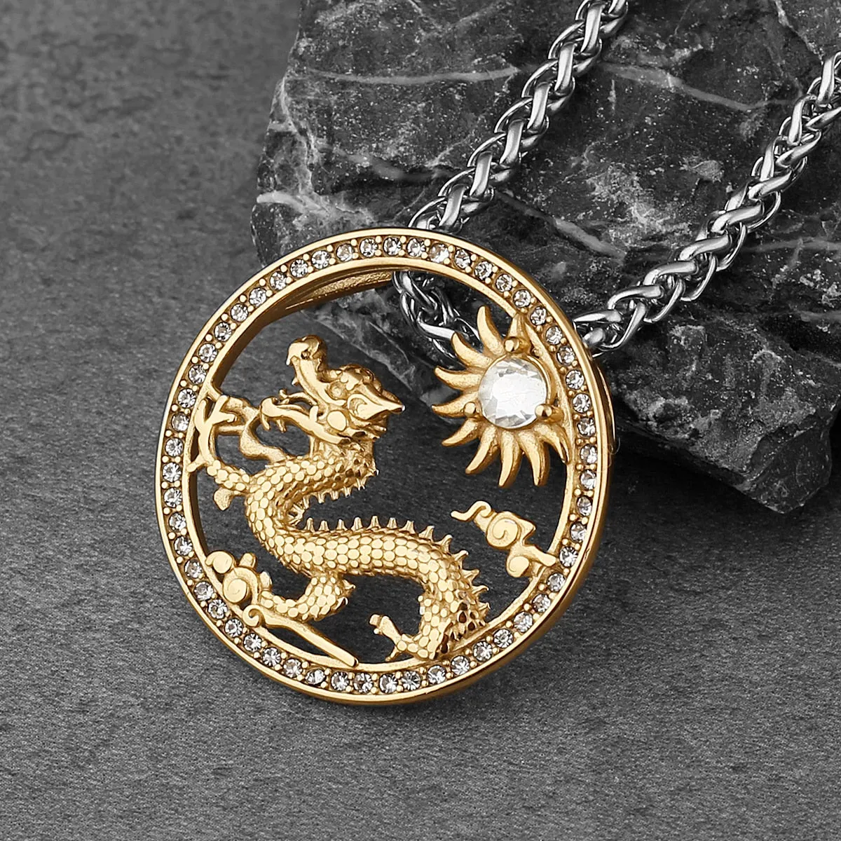 Stainless Steel Round Dragon Sun Medallion CZ Pendant Necklace