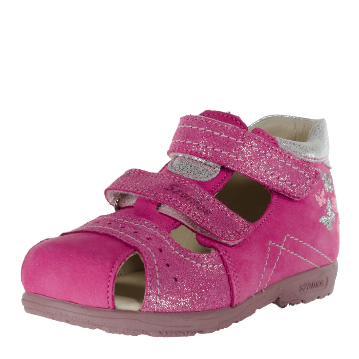 Szamos Kid Girl Sandals In Pink Color And Butterfly Pattern With Double Velcro Strap - Made In Europe