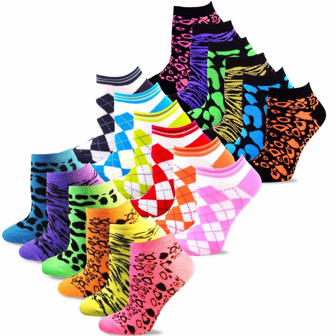 TeeHee Socks Women's Casual Acrylic No Show Animal Print and Argyle 18-Pack (12066)