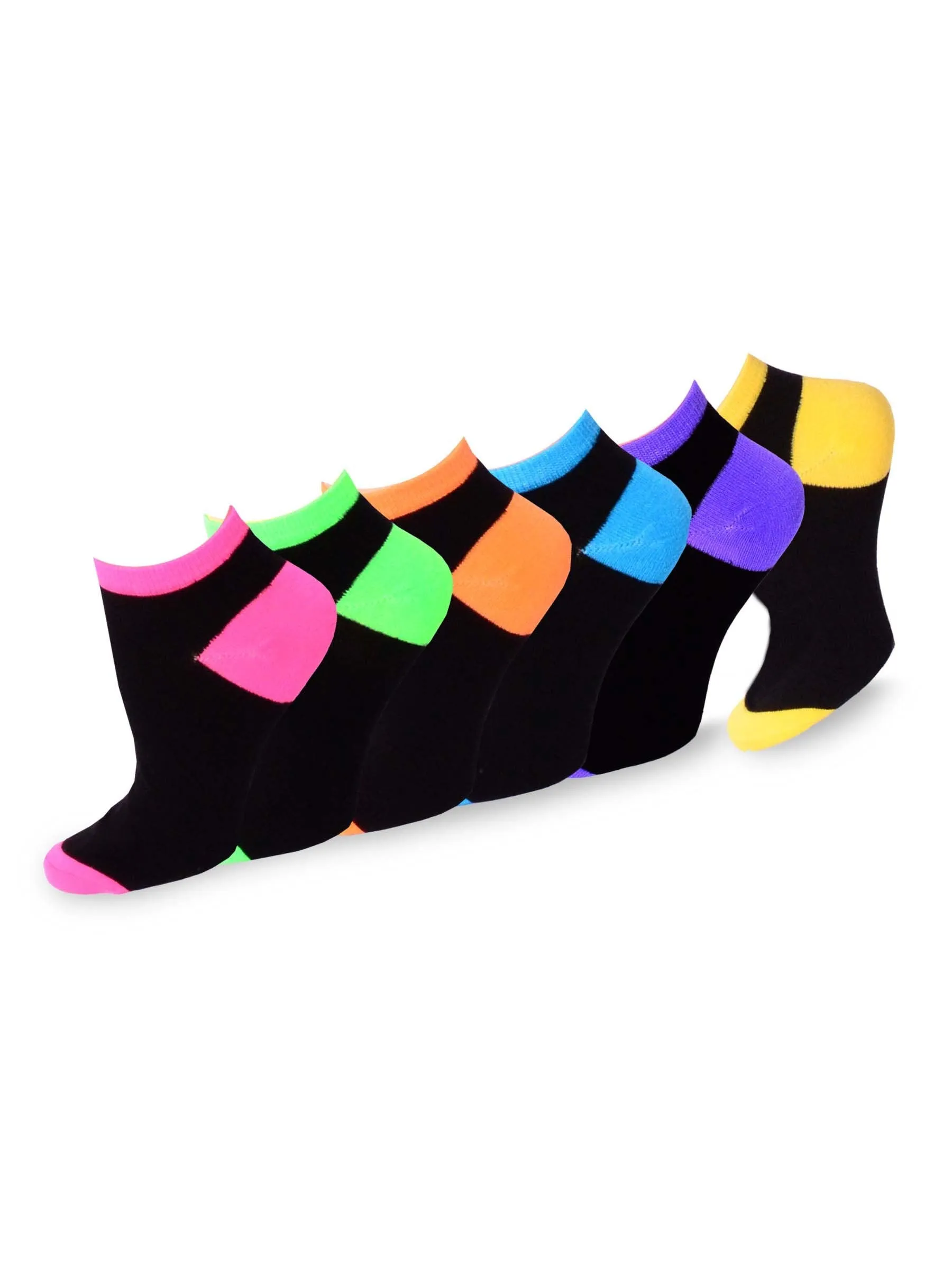 TeeHee Socks Women's Casual Acrylic No Show Black with Neon Tip 6-Pack (10055)