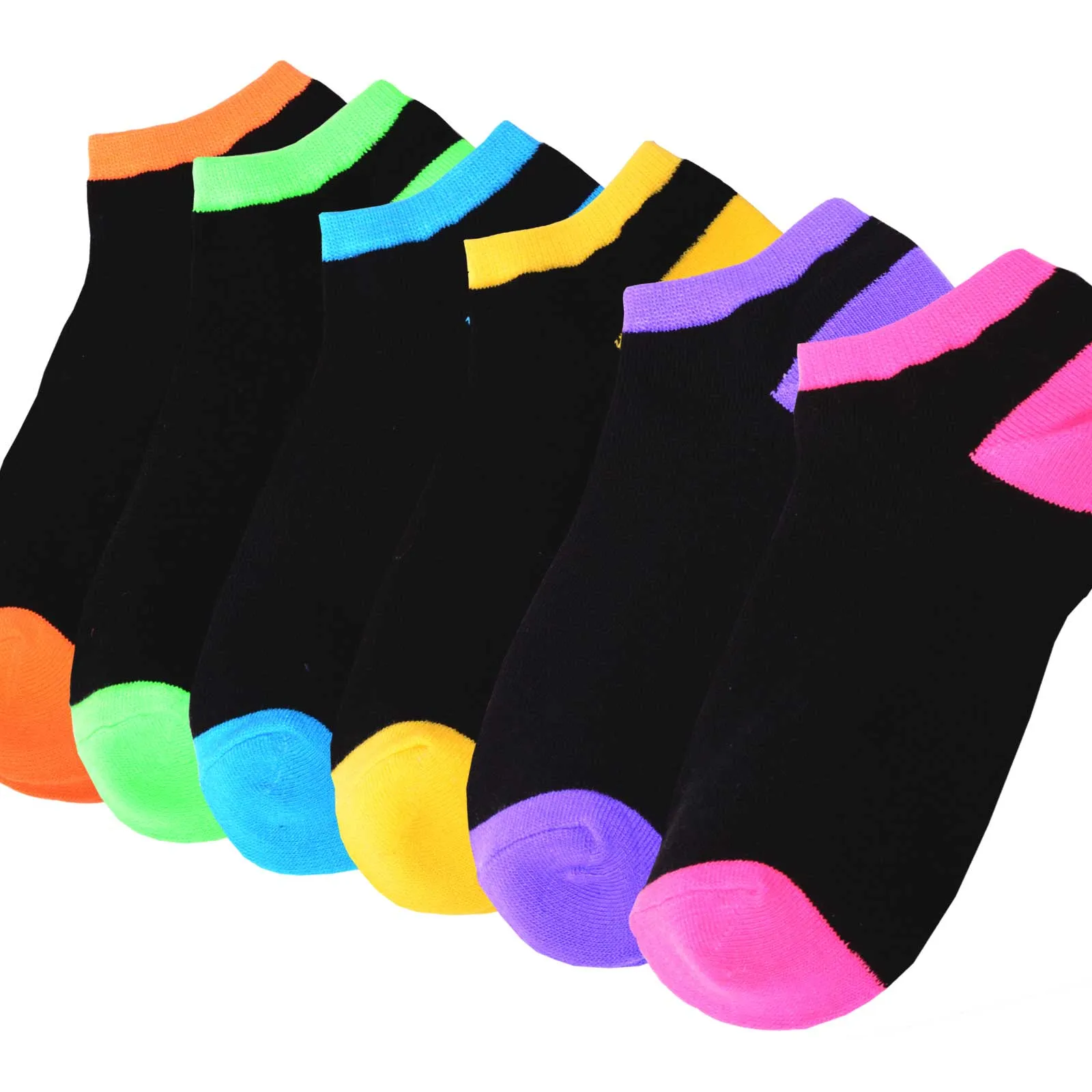 TeeHee Socks Women's Casual Acrylic No Show Black with Neon Tip 6-Pack (10055)