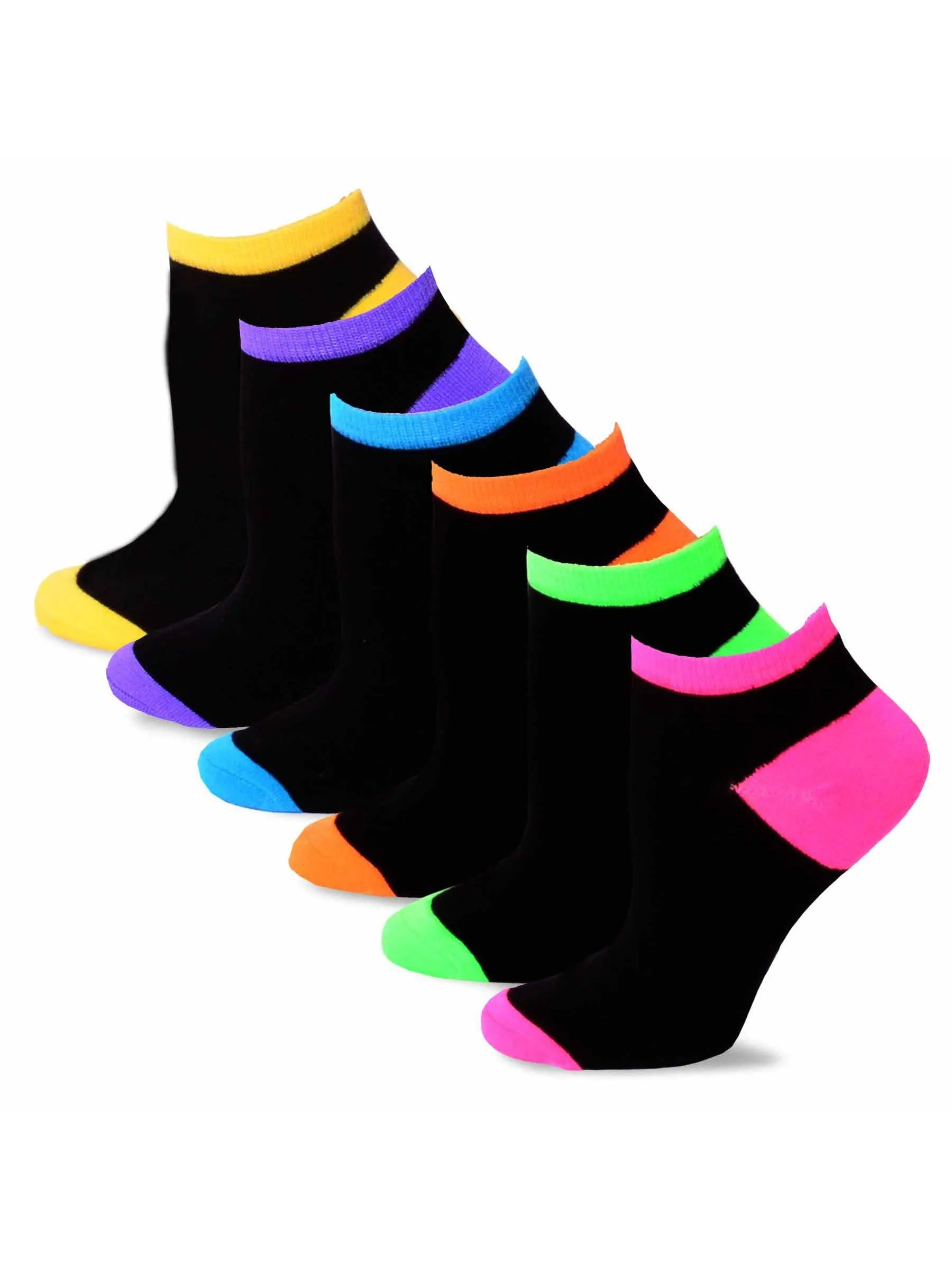 TeeHee Socks Women's Casual Acrylic No Show Black with Neon Tip 6-Pack (10055)