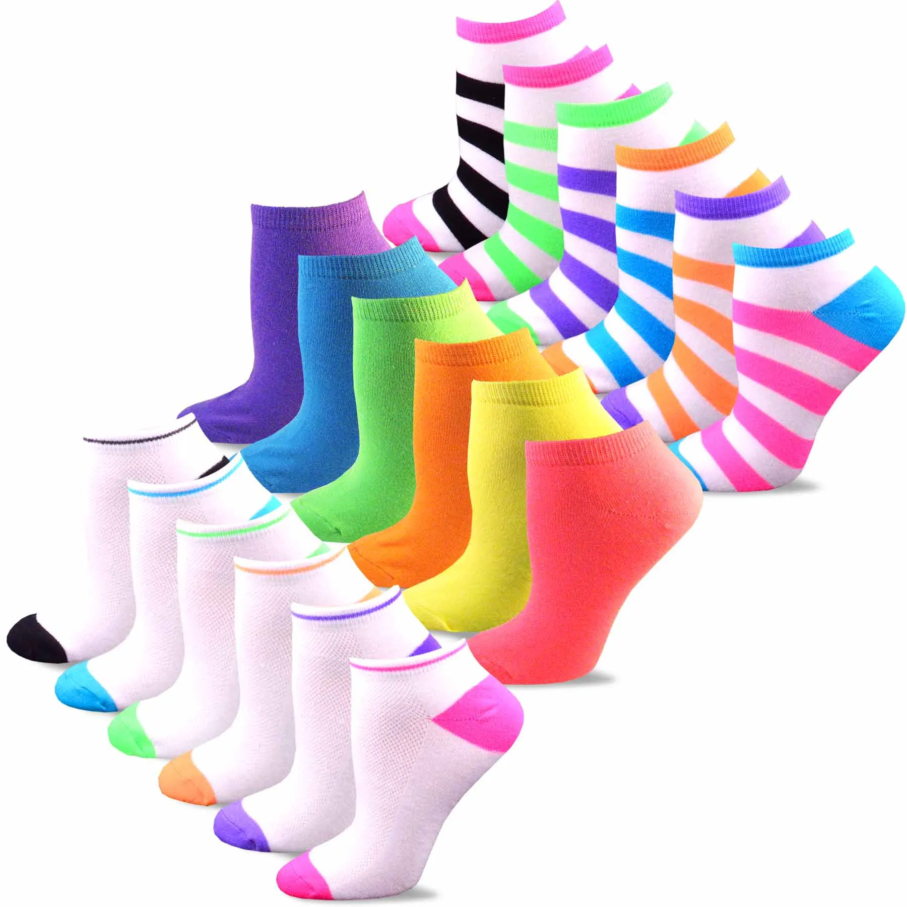 TeeHee Socks Women's Causal Acrylic No Show Bright Neon 18-Pack (12068)